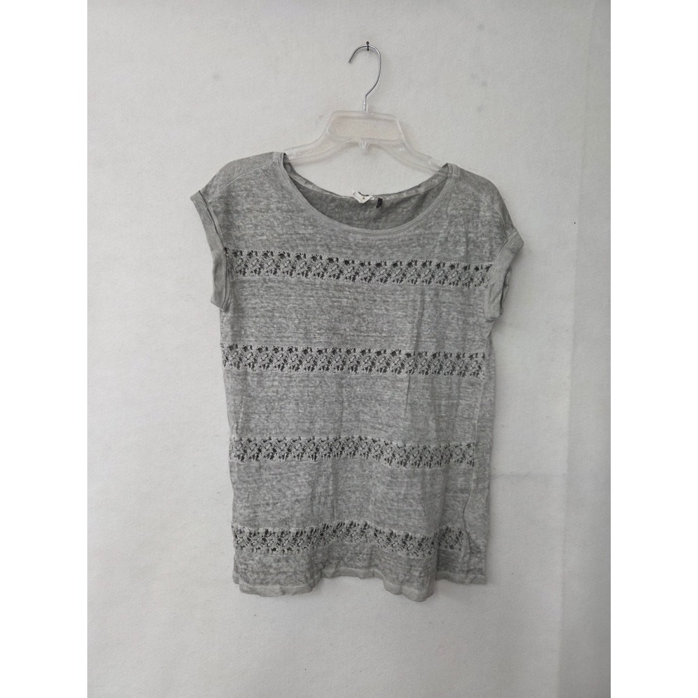 Akemi + Kin Top Women XS Gray 100% Linen Crochet Lace Inset Rolled Cap Sleeve
